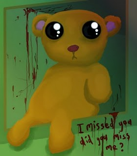 A sad teddy bear sitting in an attic. Bloody text reads: I missed you. Did you miss me?