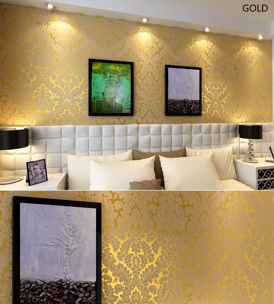 Highend 10M Luxury DAMASK Embossed Textured Wallpaper Rolls,Gold